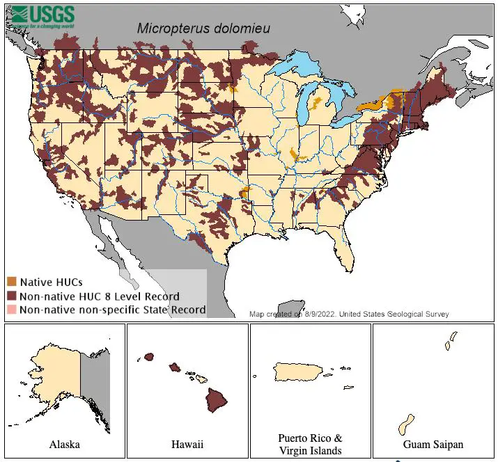 Smallmouth bass range in United States