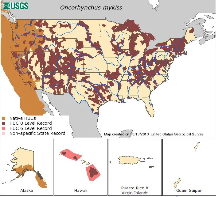 Range map of rainbow trout in the united states