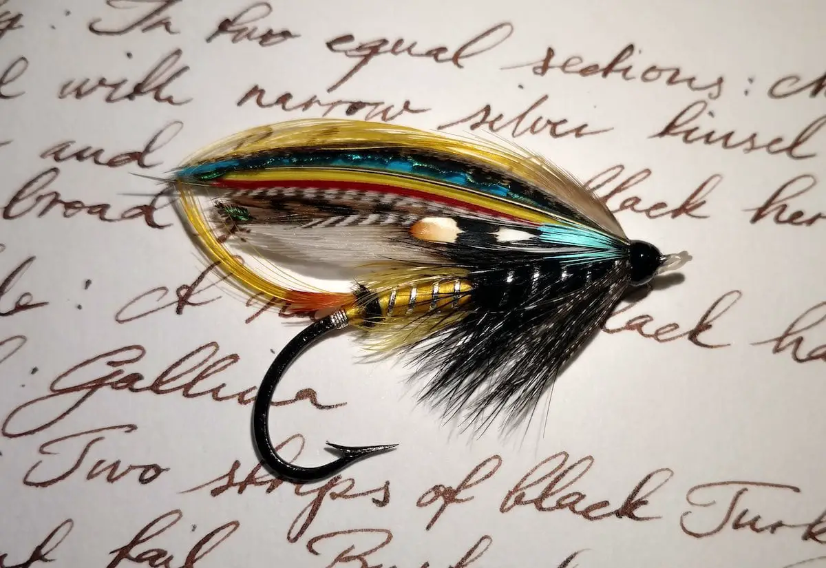 Salmon fly tied with exotic bird feathers