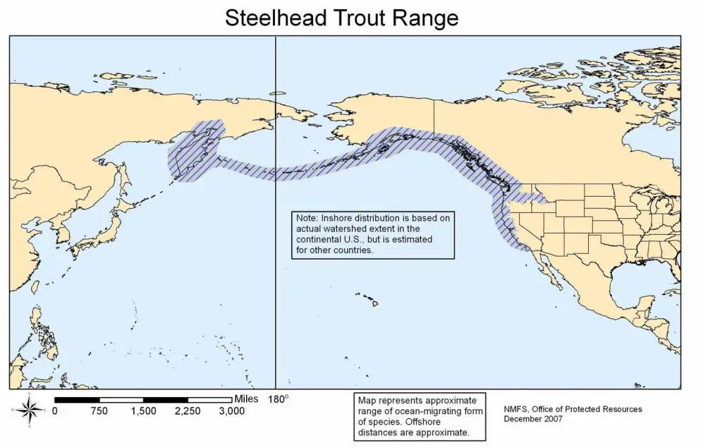 Range map showing distribution of steelhead trout