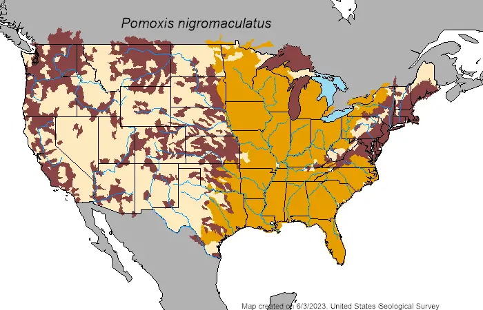 Black crappie (Pomoxis nigromaculatus) range map